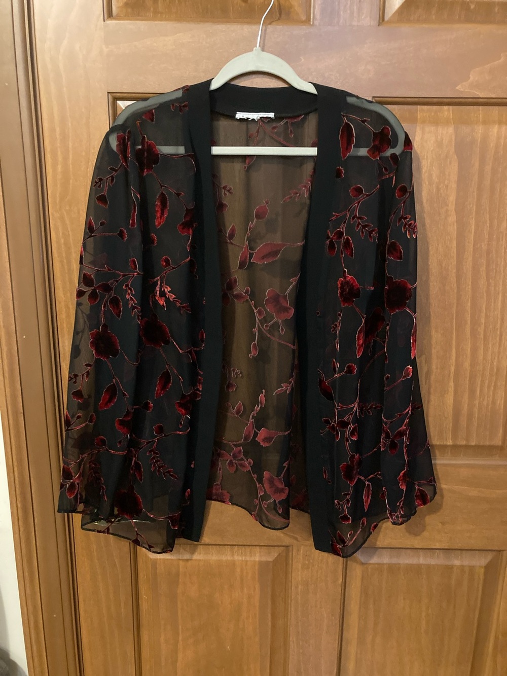 Sheer Black Blazer with Burgundy Floral Burnout Velvet